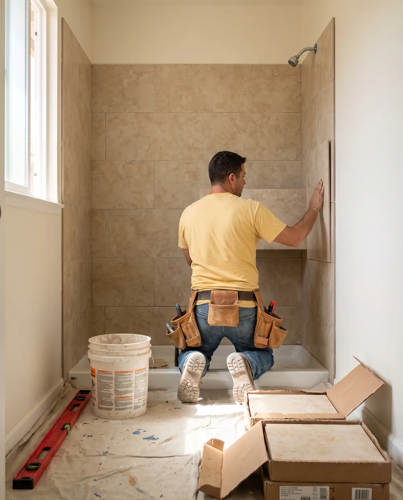 Contractor setting tile in a shower during a bathroom remodel